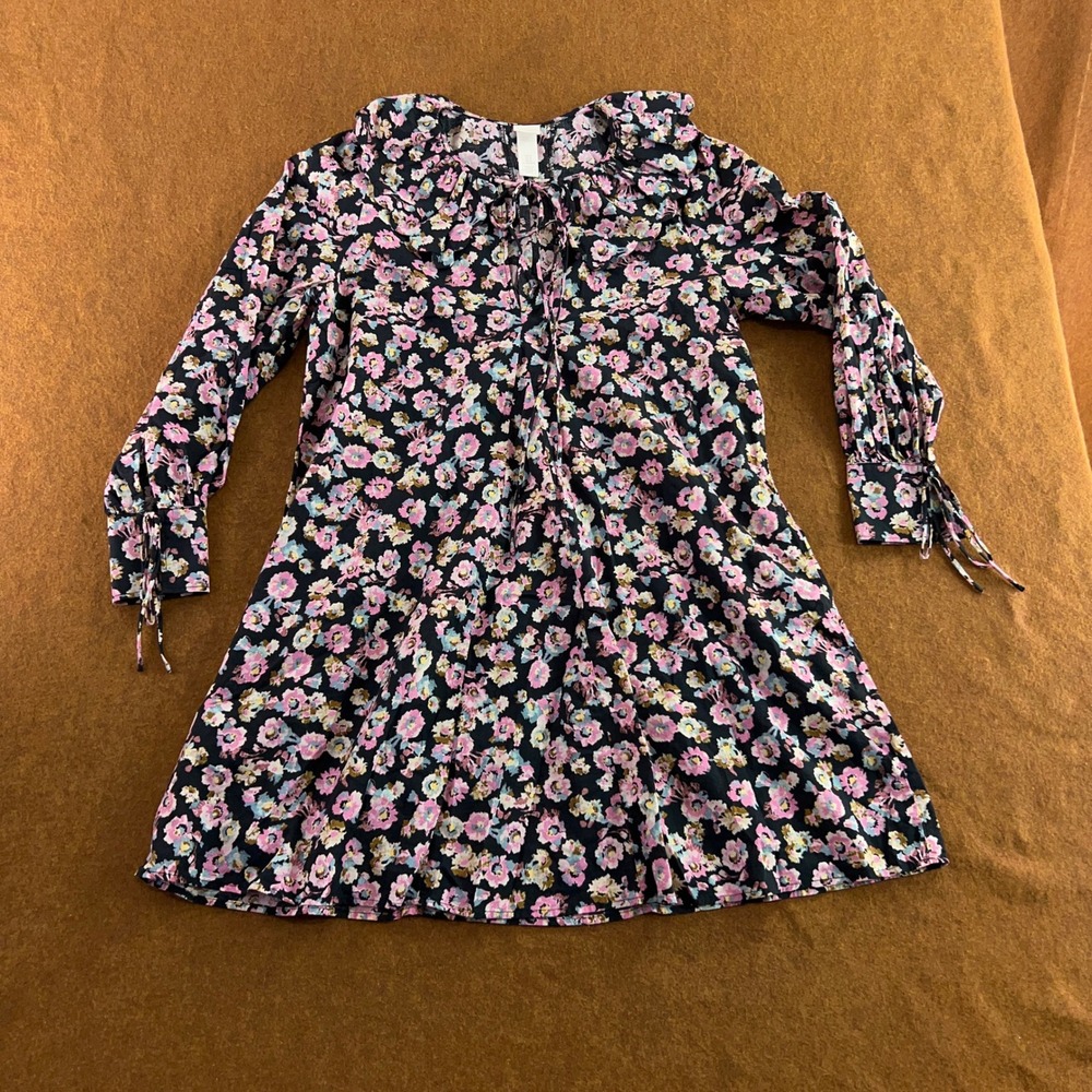 H&M Womens Medium Black Floral Ruffle Tie Neck Long Sleeve Mini Dress New